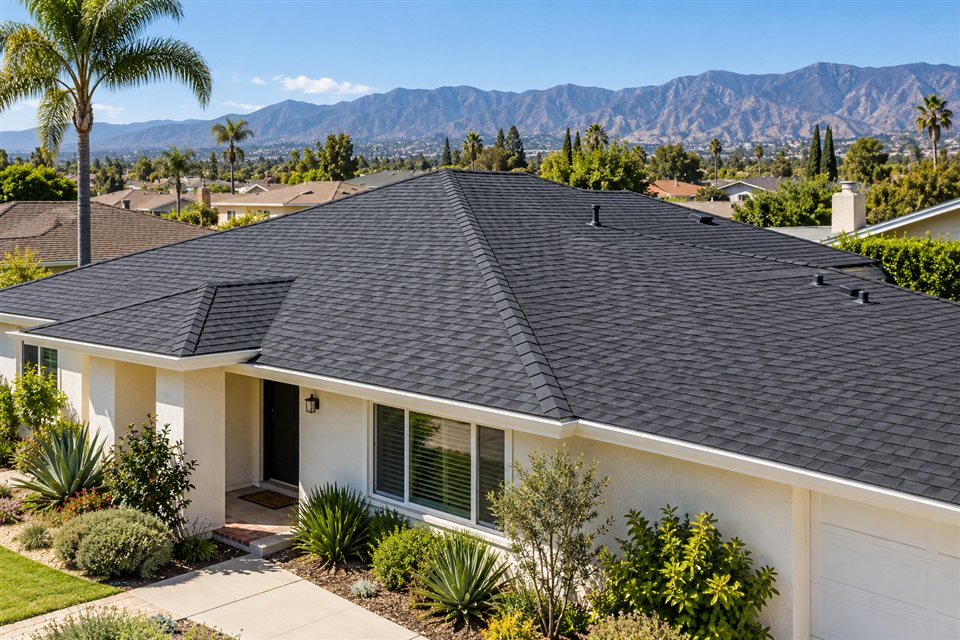 Illustration of a new shingle roof on a Southern California ranch home