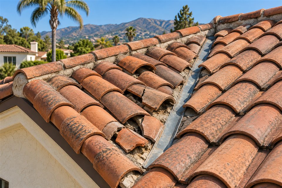 Illustration of damaged clay roof tiles on a Southern California stucco home